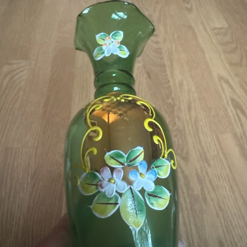 Enesco Bohemian Glass Vase Hand Painted Enamel Flowers Gilded 8 Inches VTG 1960s